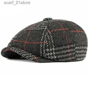 Stingy Brim Hats HT2700 Autumn Winter Wool Hat C Retro Checkered Mens Octagonal News Boy C Checkered Artist Painter Hat Womens Beretc24319