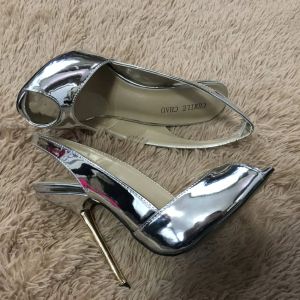 Sandals Women Stiletto Thin Iron High Heel Sandals Sexy Sling Back Peep Toe Silver Patent Party Bridal Ball Lady Shoe 3845g