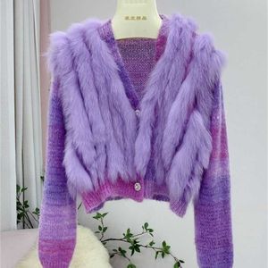 Pele sintética feminina outono/inverno nova pele de raposa grama versátil curto cardigan casaco camisola de malha lã vestido de outono