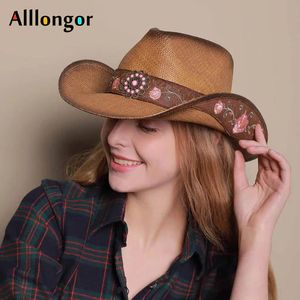 Yüksek kaliteli batı kadın saman kovboy şapka yaz retro zarif vintage cowgirl sombrero hombre kapaklar nakış güneş şapkaları 240314