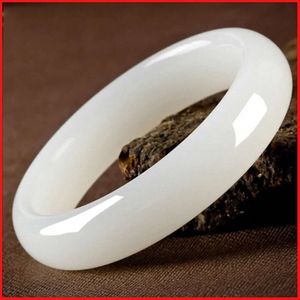 Chinese White Hand-carved Fashion Women Pure Natural Genuine Wide-strip Jade Bracelet