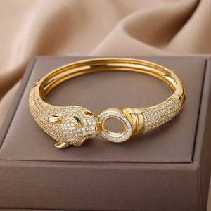 Bangle Cubic Zircon Leopard Head Bracelets for Women Men Stainless Steel Bracelet for Couples Luxury Designer Jewelry Gifts 240319