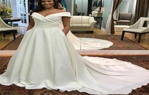 Vestido de novia 2019 plus size uma linha vestidos de casamento com ombro de fora elegante cetim vestidos de noiva de casamento com bolso83590964494685