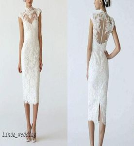 White Lace Knee Length Wedding Dress Wedding Sheath Column High Neck Pencil Dress Bridal Gowns5781713