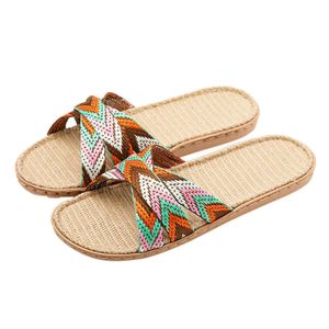 Hausschuhe Damen Multi-Color Flat Slider Sommer Leinen Indoor Schuhe Familie Freizeit Strand Cross Strap Damen Flip Sandalen1GCB H240325