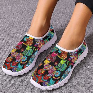 Flats INSTANTARTS Colorful Cartoon Cats Printed Spring Summer Mesh Sneakers Women Casual Flats Super Light Walking Female Flat Shoes