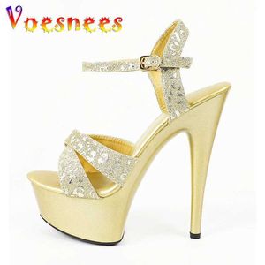 Dress Shoes Gold Cross Strap Sexy High Heels Womens Bling Glitter Wedding Bridal Summer 15CM Party Sandals 5CM Waterproof Platform H240325