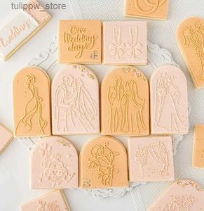 Stampi da forno Happy Wedding Taglierina per biscotti Stampa Timbro Sposa Sposo Anello goffratore Stampo Acrilico Fondente Forme di zucchero Strumenti per decorare biscotti fai da te L240319