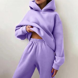 Autumn Womens Tracksuit Dwuczęściowe zestawy Solidne solidne sportowe garnitur z kapturem z kapturem ciepłe bluzy z kapturem długie spodnie 240311