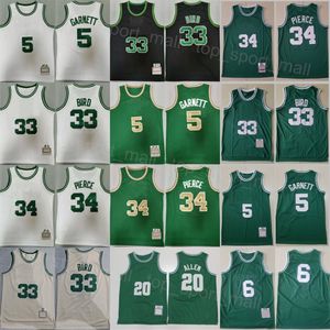 Basquete masculino vintage Larry Bird Jersey 33 Camisa de reminiscência Paul Pierce 34 Kevin Garnett 5 Ray Allen 20 Bill 6 Retro Verde Branco Preto Costurado de alta / boa qualidade