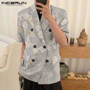 INCERUN Tops Korean Style Men Oil Painting Peony Printing Blazers Casual Party Streetwear Male Short Sleeve Suits S-5XL 240318