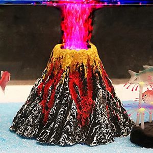 Aquarium Volcano Ornament with LED Lamp Air Stone bubbler Fish Tank Decorations Oxygenation Tools Landscaping Simulation Decor 240305