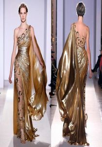 Zuhair Murad Haute Couture Applikationen Gold Abendkleider Lange Meerjungfrau One Shoulder mit Applikationen Sheer Vintage Pageant Prom Gown5364253