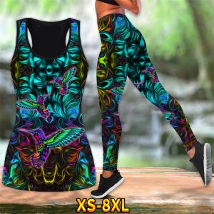 Roupa padrão de pássaro cor impressão senhoras colete conjunto montanha correndo ginásio treino yoga calças sexy nádegas xs8xl