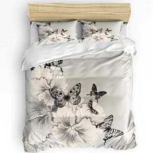 Conjuntos de cama Preto e Branco Borboleta Flor Arte 3 Pcs Set para Quarto Cama Dupla Home Têxtil Duveta Capa Quilt Fronha