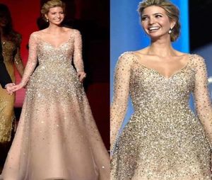 Champagne Sequined Long Sleeves Evening Dresses V Neck Beaded Prom Gowns Sweep Train A Line Tulle Red Carpet Formal Dress1868488