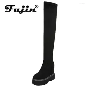 Boots Fujin 12cm Stretch Fabric Platform Wedge Knitted Autumn Women Plush Winter Spring Microfiber Sock Over Knee High Shoes