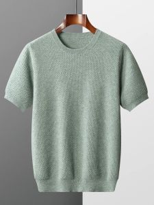 MVLYFLRT 100% pura lana T-shirt girocollo da uomo pullover manica corta autunno inverno nuovo punto a nido d'ape gilet casual