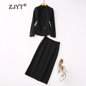 ZJYT Office Lady Blazer Suits Pencil Skirts Two Piece Dress Sets for Women Elegant Outfit Spring Black Conjuntos De Vestidos 240305