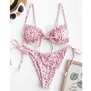 Kvinnors badkläder Kvinnor Pink Thong Bikini Swimsuit 2022 Floral Low Rise Triangle Push Up Bikini Swimsuit J240319