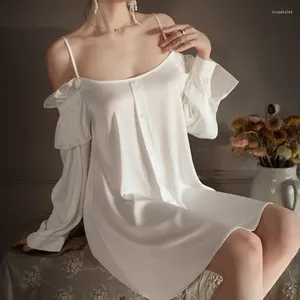 Pigiama da notte da donna Camicia da notte femminile primaverile ed estiva in seta sottile a maniche lunghe Camicia da notte ampia con spalle scoperte