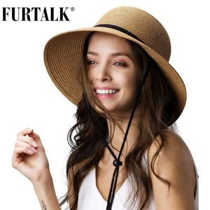 Furtalk Straw Summer Hat Women Sun Beach with Wind Lanyard Wide Brim UPF 50 Foldable Protection 240311