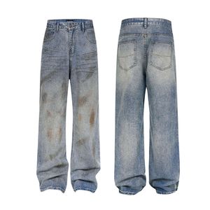 Jiayiku Wear American Cleanfit Dirty Dyed Old Washed Light Blue Jeans Men's and Women's Straight Sleeved Slim Pull Long Pants