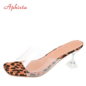 Floppar aphixta sommar coola transparenta tunna klackar tofflor kvinnor mulor leopard kvinnor kikar tå flip flops skor plus stor storlek 41 42