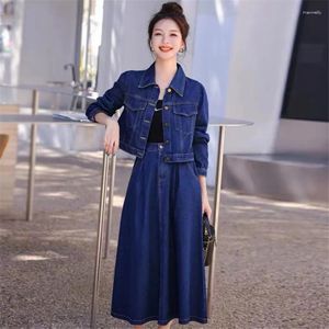 Work Dresses Korean Denim Skirt Sets Fall Outfits Women Jacket Out Casual Long Jeans Skirts Fashion Two Piece Womens