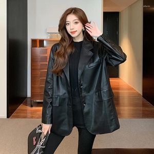 Women's Suits UNXX Black Retro Casual Leather Suit Jacket 2024 Early Spring And Autumn High-end Loose All-match Lady Coat Top