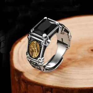 Svart zirkon jungfru mary 14k guld ring män kvinnor kristna kors bön amulet smycken