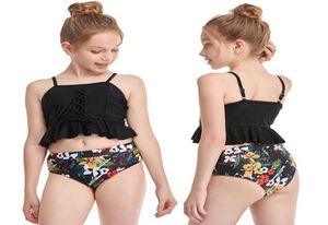 Meninas maiô de duas peças crianças banho crianças babados conjunto biquíni cintura alta maiô floral verão beachwear 212 ano on8442369