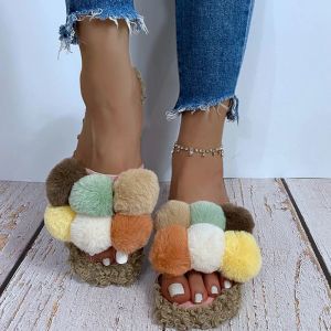 Flocos novas mulheres chinelas de pele deslizam slides de inverno