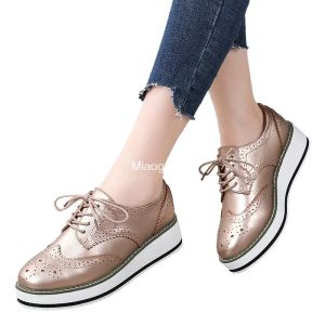 Flats Spring Autumn Women Platform Gold Flats Brogue Leather Lace Up Classic Bullock Footwear Female Oxford Shoes Fashion Casual Lady