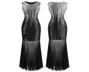 Angelfashions Women Classic Silver Black Sequins Transparent Tulle Maxi Sheath Cocktail Evening Dress Vintage Party 4584845719