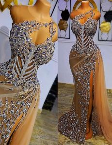 2022 Luxury Beaded Evening Dresses Mermaid Tulle Sleeveless Sexy Illusion Bodice High Split Crystals Custom Made Prom Party Gowns 1913646