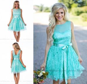 Summer Country Style Mint turquoise Sheer Neck Lace Bridesmaid dresses backless short ribbon sash party junior maid of honor gowns1800045