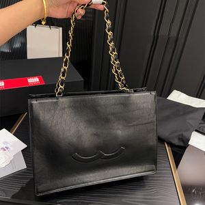 Womens Vintage Luxury Designer Calfskin Shoulder Handbags With Gold Metal Hardware Thick Chain Emboss Badge Large Capacity Shopping Tote Purse 37X26CM