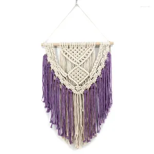 Tapisseries kampanj! Macrame Bohemian Wall Hanging Tapestry Handgjorda bomullsbeige Lila för lägenhet vardagsrum heminredning