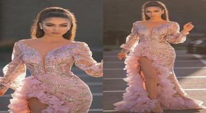 2021 Arabic Pink Luxurious Sexy Evening Dresses Sequins Front Split Prom Dress Column Formal Party Gowns2987911