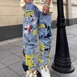 Luxury men's jeans American style street heavy industry embroidered distressed jeans for men new long pants