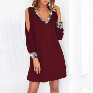 Casual Dresses Women Dress Sequin Mesh Off Shoulder Mini V Neck Hollow Out Above Knee Length Women's Shiny Patchwork Commute Fashion