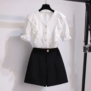 Kvinnors träningsdräkter Summer och Autumn Fashion Y2K White Shirt Tvådelar Set Elegant Casual Style Black High Maisted Shorts for Women E987
