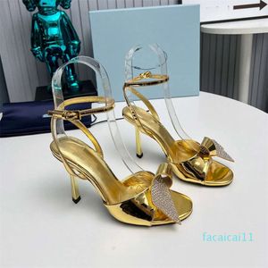 2024 Diamond Bow Tie Pointed Toe Back Open Flat Bottom High Heel Sandalen