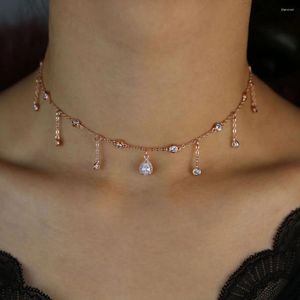 Choker 2024 Trendy Feine Rosa Farbe Kurze Halskette Mädchen Lünette Cz Station Simulierte Hof Tear Drop Layer Halsketten