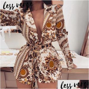 Two Piece Dress Lessverge Floral Print Gold 2 Set Women Blazer Shorts Long Sleeve Sexy V Neck Coat Suit Winter Outfits Ensemble Drop Dhoji