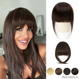 Pony Isheeny Echthaar-Pony, 3 Clips in Schwarz, stumpf geschnittenes Fransen-Haarteil, natürliches Schwarz-Blond-Bang, 20,3 cm Clip-in-Haarverlängerungen, Braun