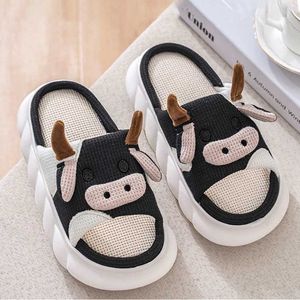 Hausschuhe Frauen Leinen 2023 Niedlichen Kaninchen Hause Cartoon Weiche Innenschuhe Dicke Sohle Sandalen Sommer Milch Kuh Couple01SGIQ H240322