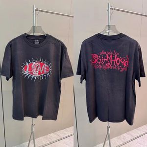 24SS夏のTシャツレタープリントティーヴィンテージ苦しみの半袖ルーズメンズ女性Tシャツコットントップ