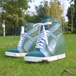 Casual Schuhe Mode Hellblau Leder Patchwork Sneaker Frauen Zurück Zip Lace Up Höhe Erhöhte Heels Runde Kappe High Top wome